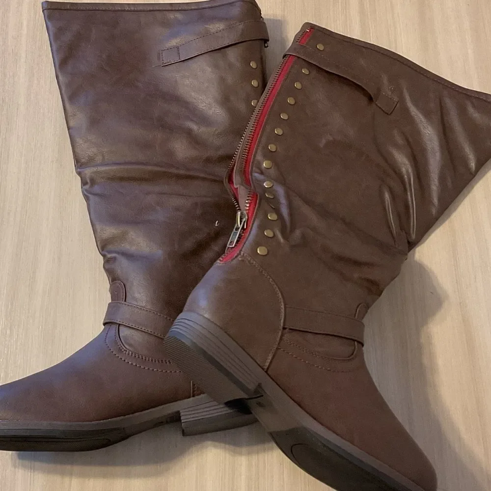 Journee Collection Brown Over the Knee Boots with Buckle and Studs
